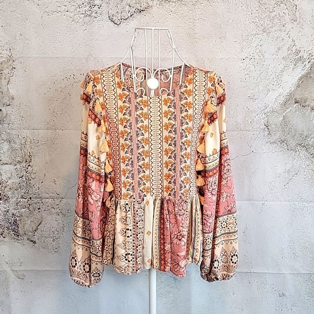 Bohemian Floral Print Blouse - Pink and Cream